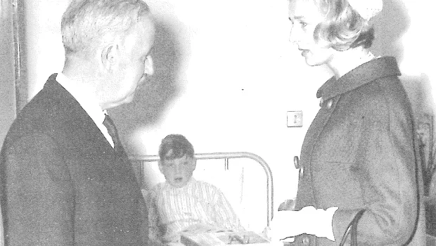 A black and white image of Princess Alexandra meeting one of our doctors